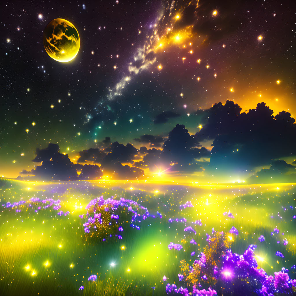 Colorful Twilight Fantasy Landscape with Full Moon and Shooting Star