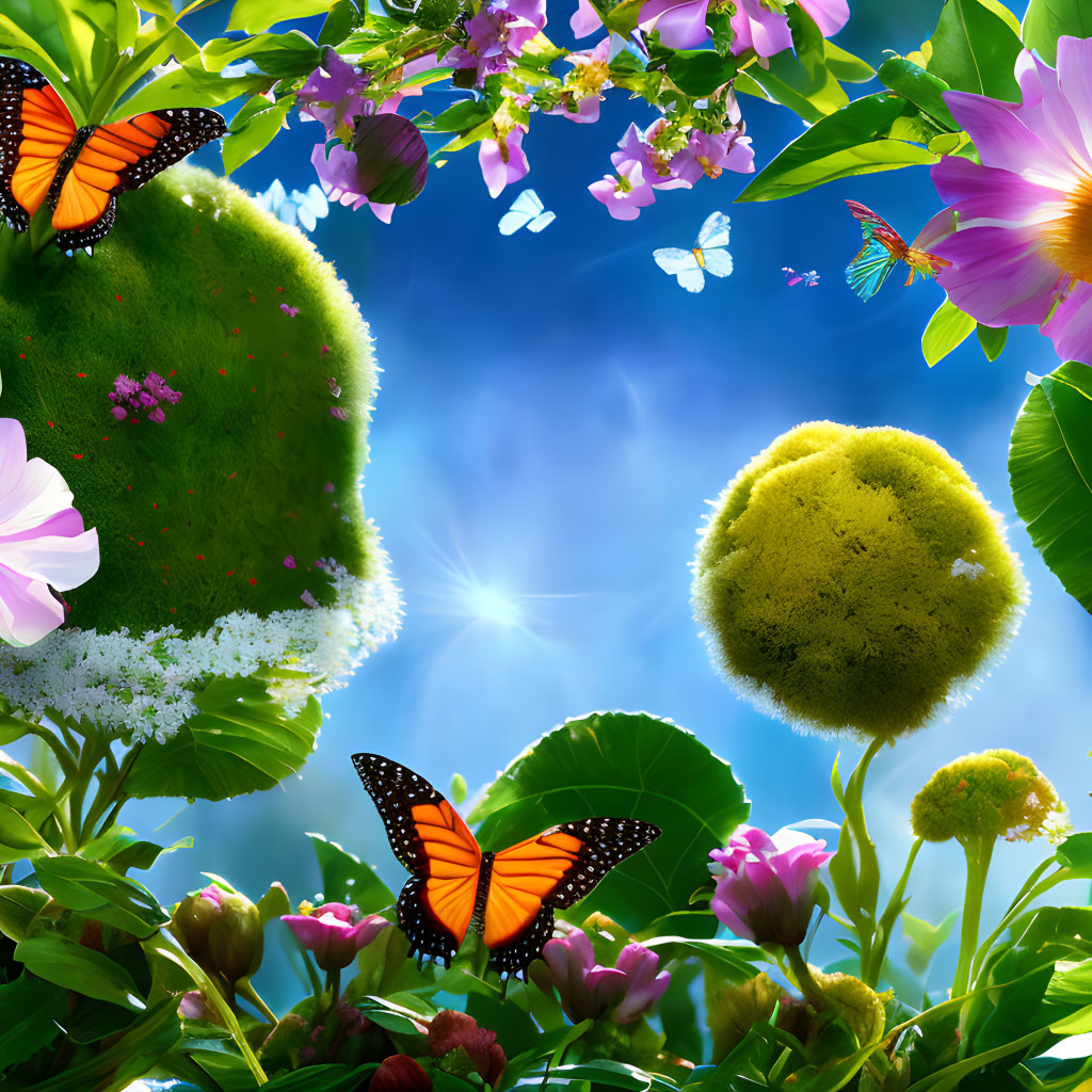 Colorful landscape with floating green islands and butterflies