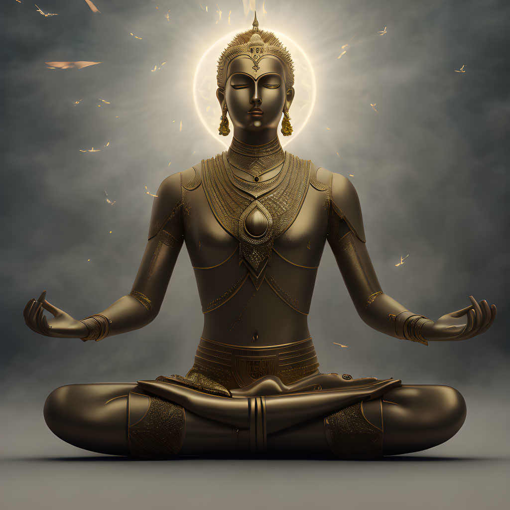 Metallic four-armed deity statue meditating with halo and sparks on grey background