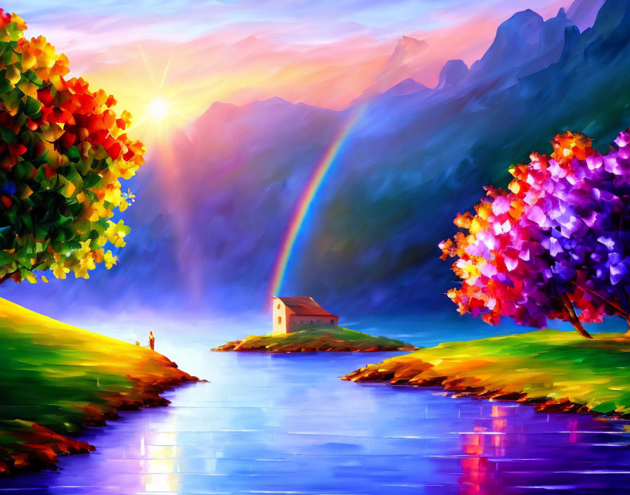 Colorful landscape with rainbow, lake, house, trees, and mountains at sunset