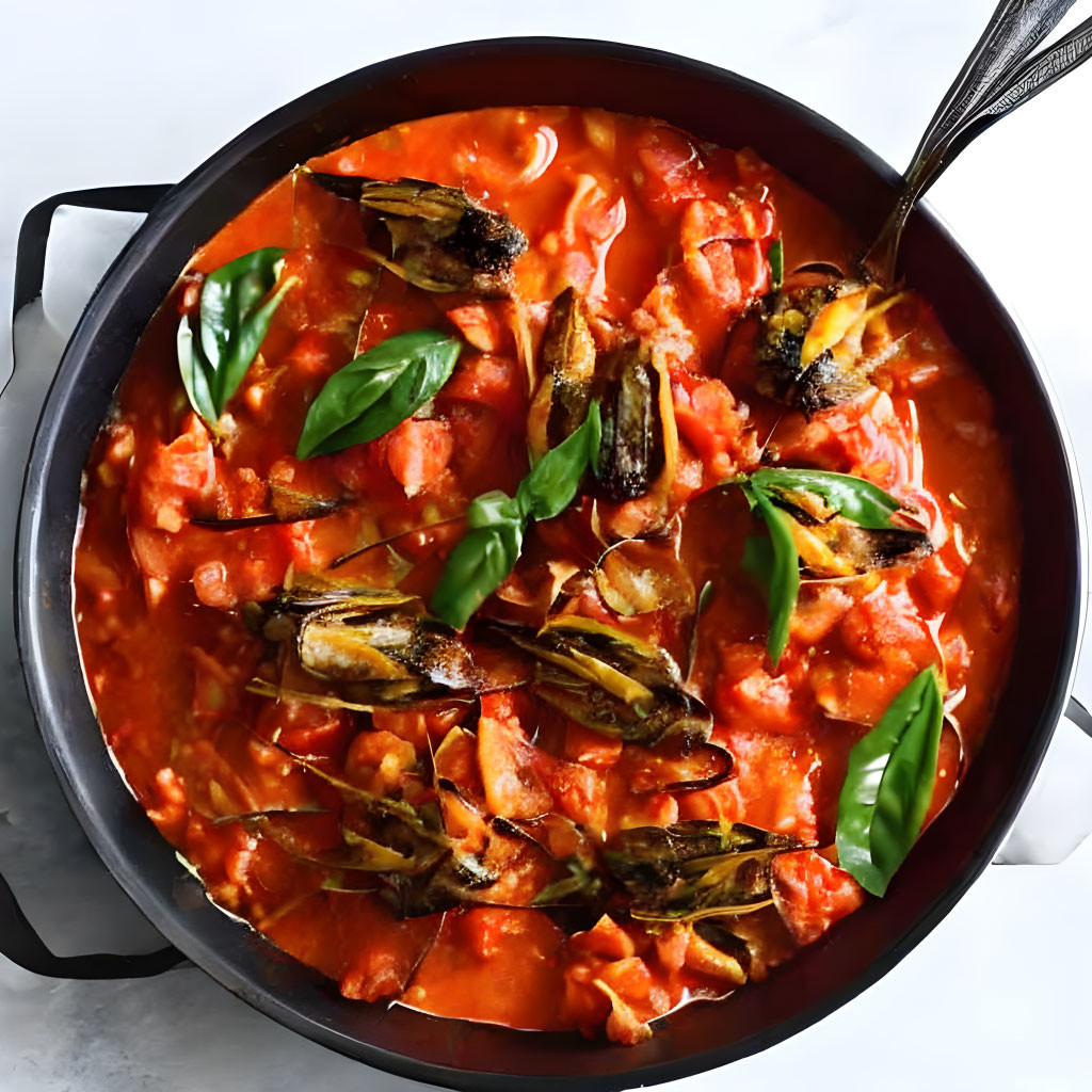 Colorful Vegetable Stew with Fresh Basil Garnish