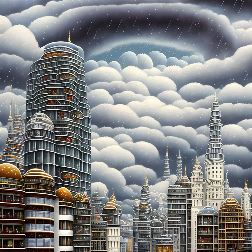 Diverse futuristic cityscape under stormy sky