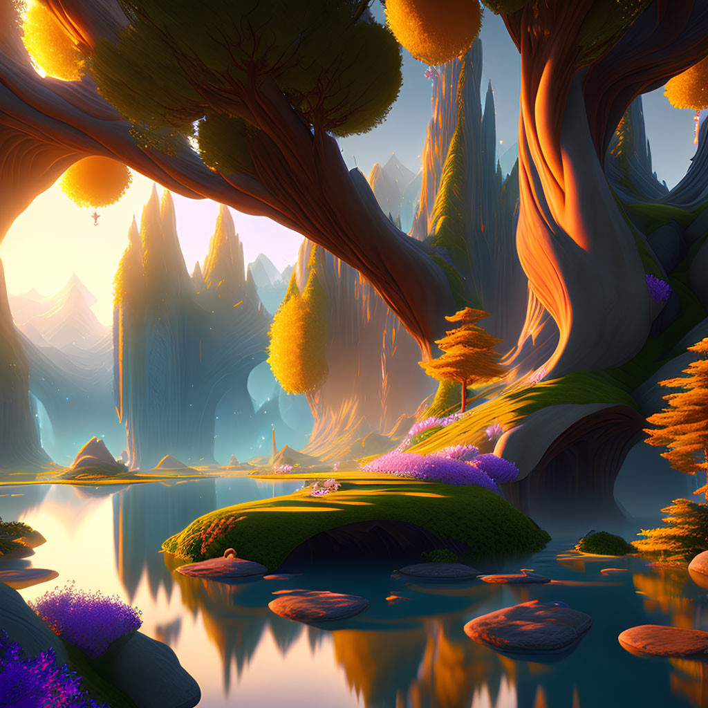 Enchanting forest scene with twisted trees, glowing plants, tranquil river, and floating rocks