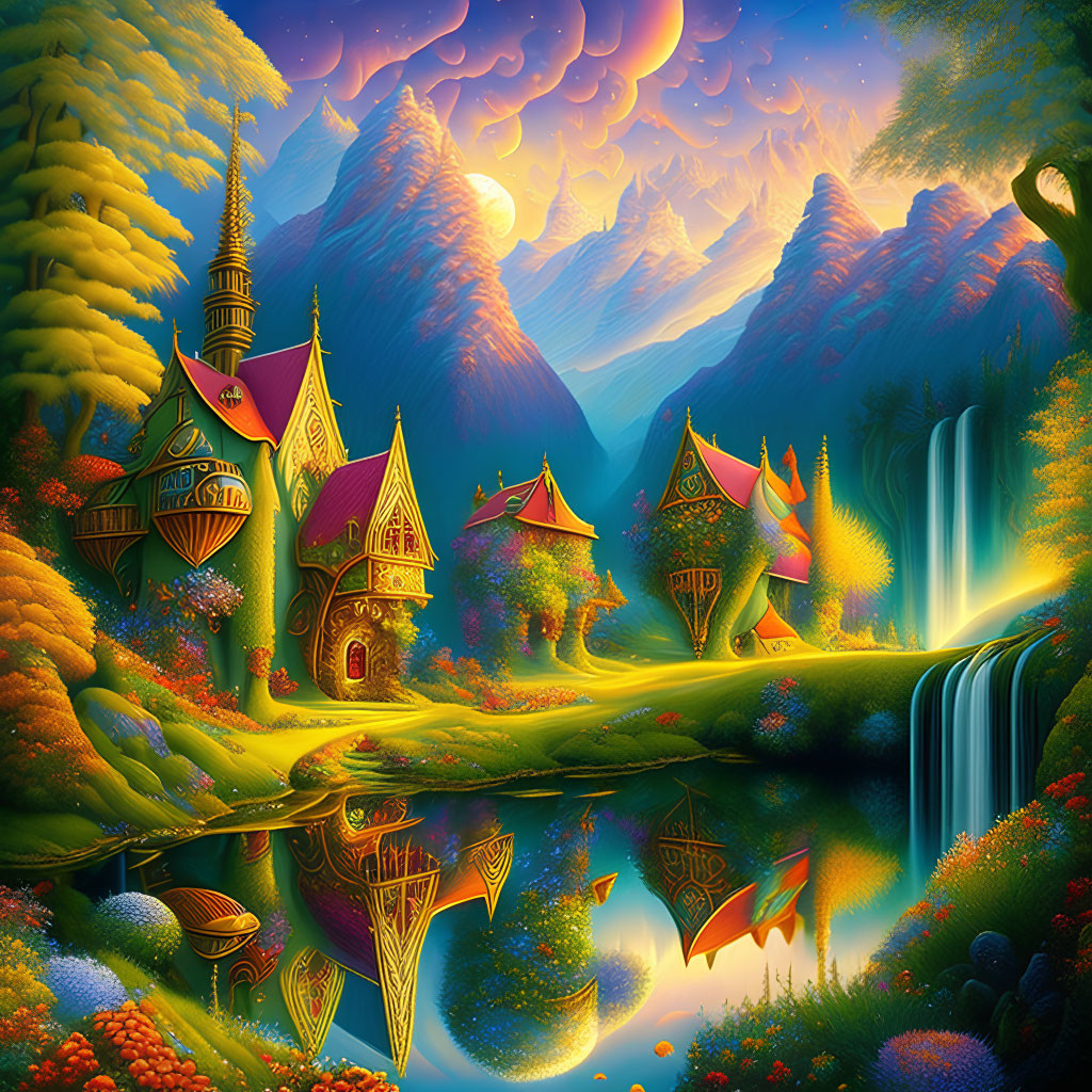 Colorful Fantasy Landscape with Whimsical Houses, Waterfalls, and Glowing Sky