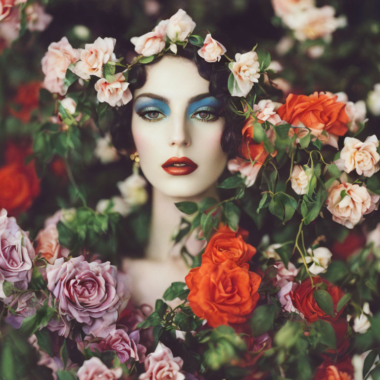 Woman with dramatic eye makeup and red lipstick among pink and orange roses.