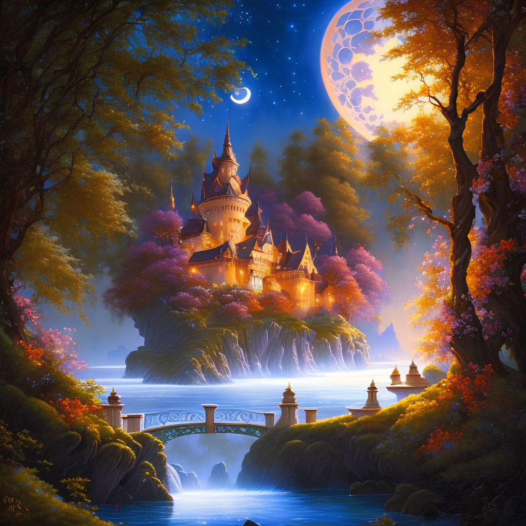 Fairytale castle at night with crescent moon, luminous forest, and waterfalls