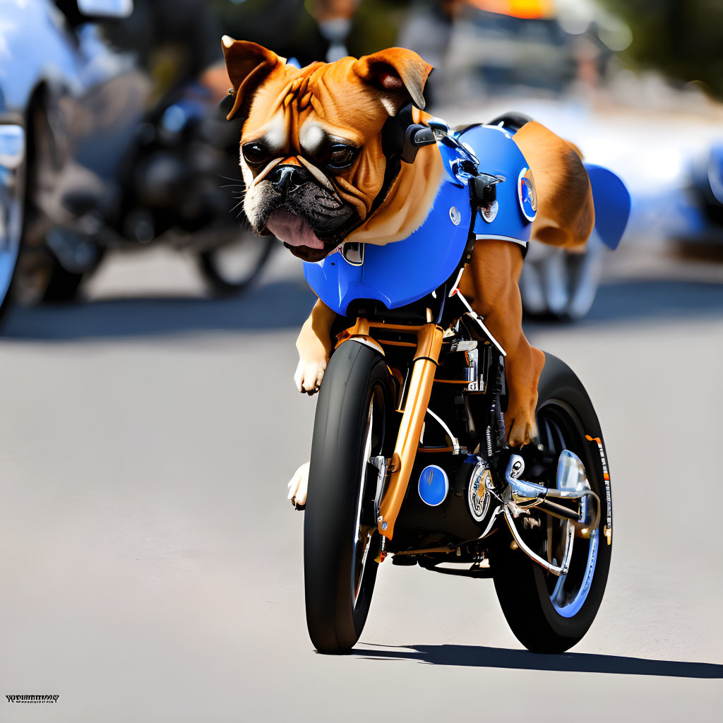 Bulldog in goggles on mini motorcycle with blurred bikers on street