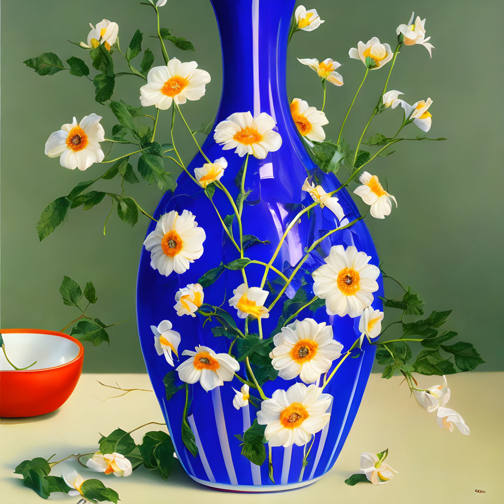 Colorful still life with blue vase, white and yellow flowers, red bowl, and green trim on