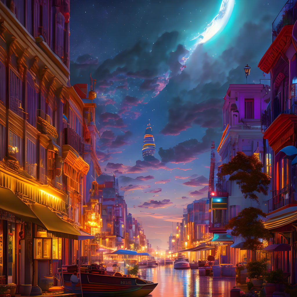 Illuminated cityscape at dusk with canal, boat, luminous tower, and starry sky