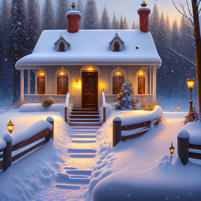 Snowy Twilight Scene: Cozy Cottage in Illuminated Snowscape