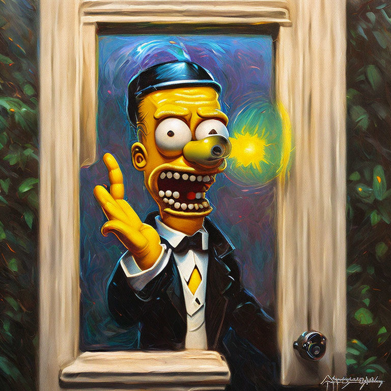 Surprised animated character in tuxedo holding glowing orb in impressionist painting