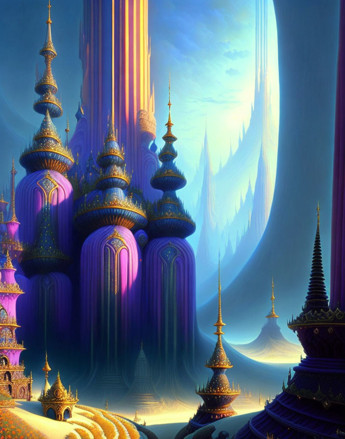 Majestic purple and gold spires in ethereal landscape