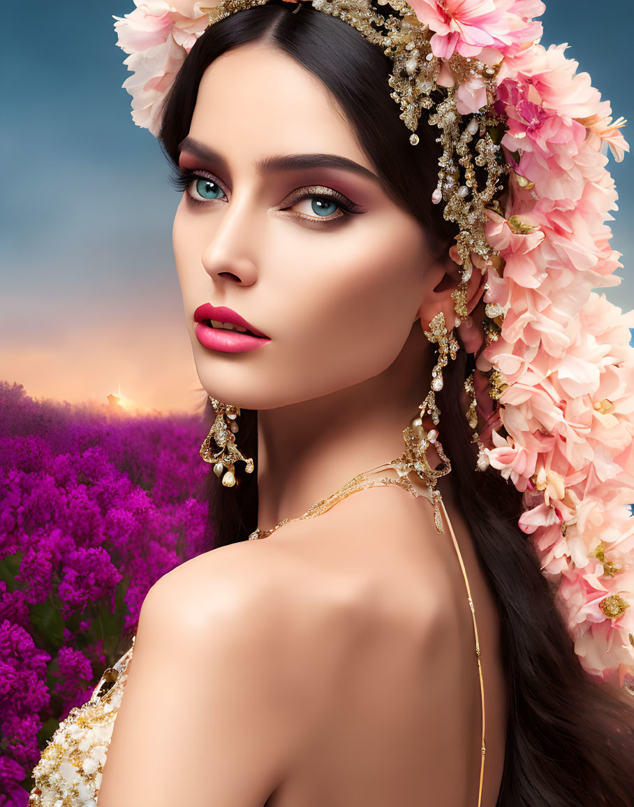 Portrait of Woman with Dark Hair and Blue Eyes in Pink Floral and Golden Jewelry on Purple Floral Background