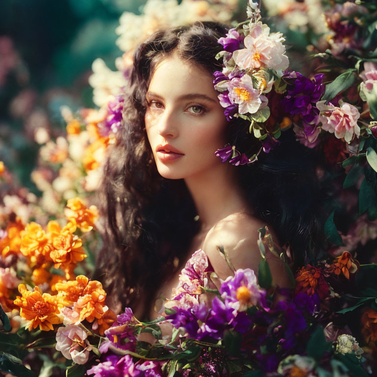 Woman with Curly Dark Hair and Flowers Surrounded by Colorful Blossoms