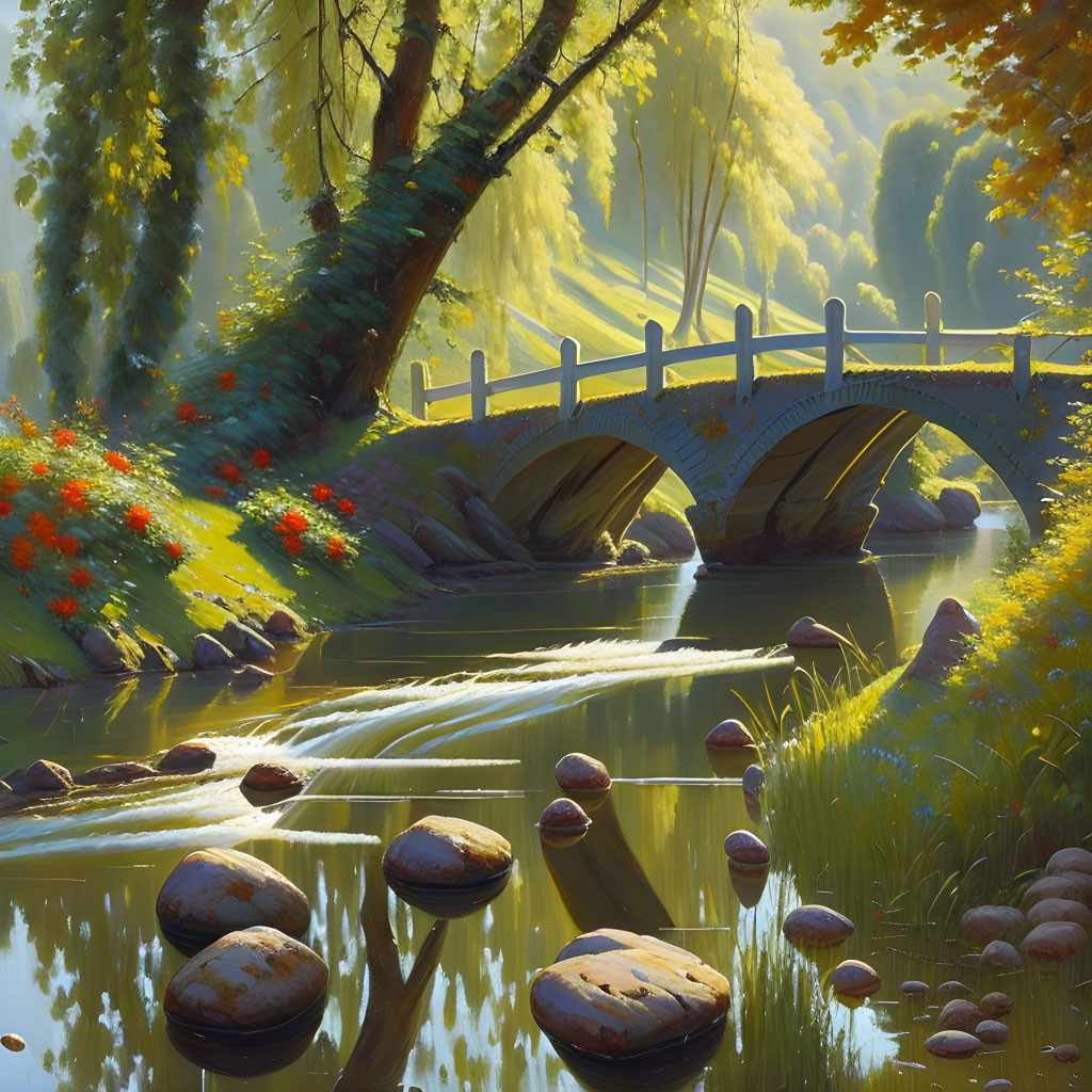 Tranquil river scene with stone bridge and lush foliage