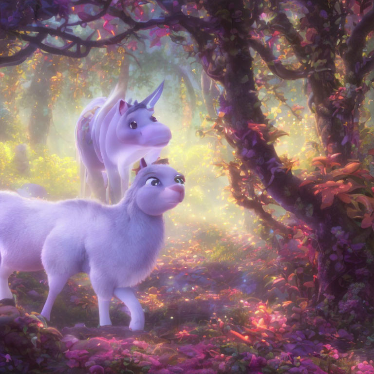 Whimsical unicorns in magical forest with vibrant flowers