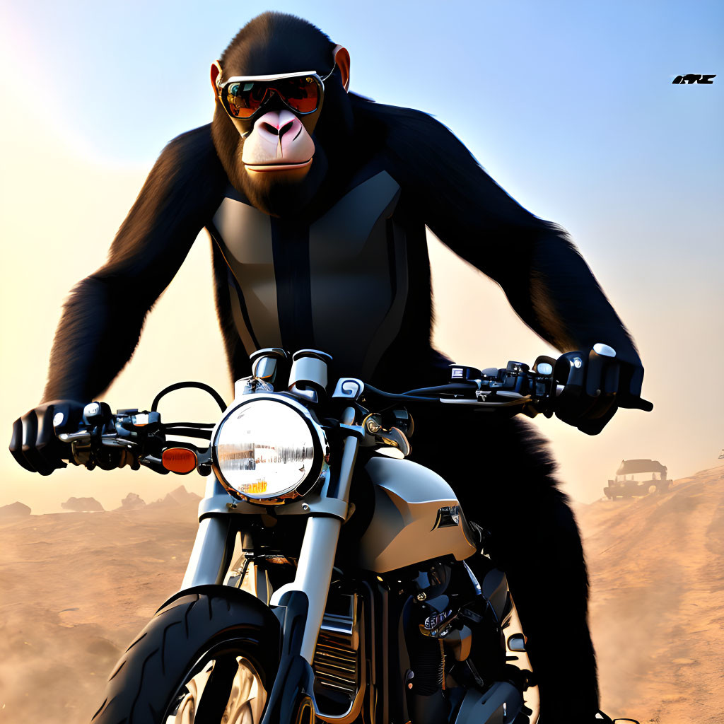 Chimpanzee with Sunglasses Riding Motorcycle in Desert
