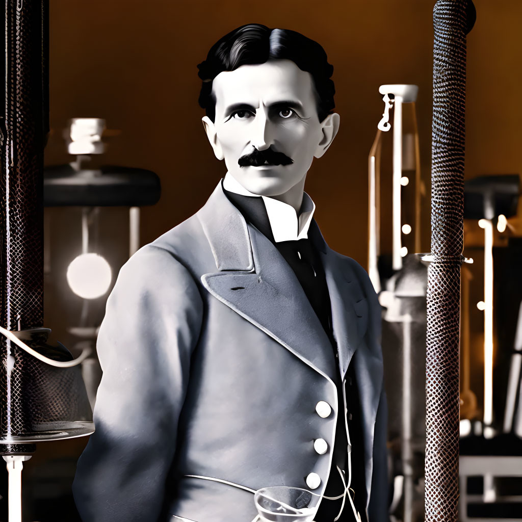 Vintage illustration of inventor with mustache in period suit by electrical experiment equipment