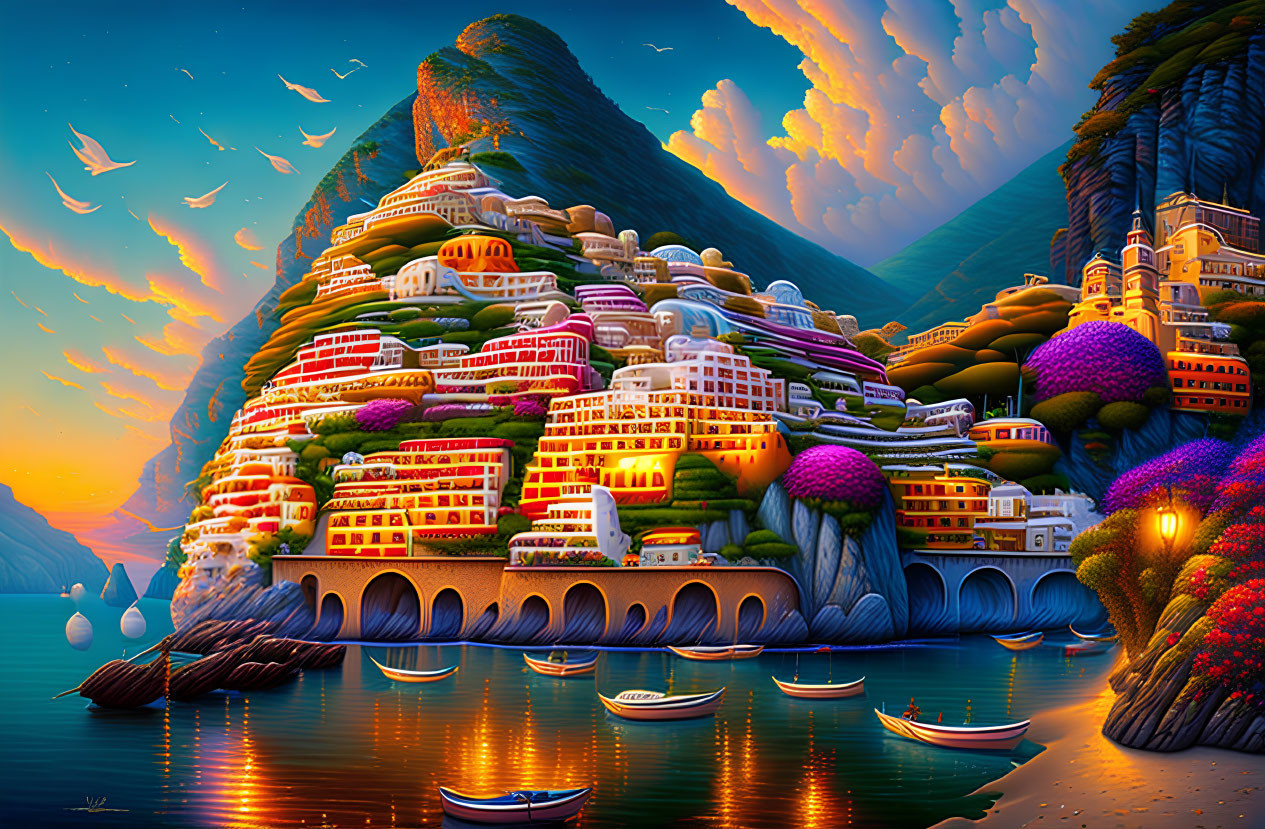 Colorful Coastal Village: Terraced Buildings, Mountains, Sunset Glow