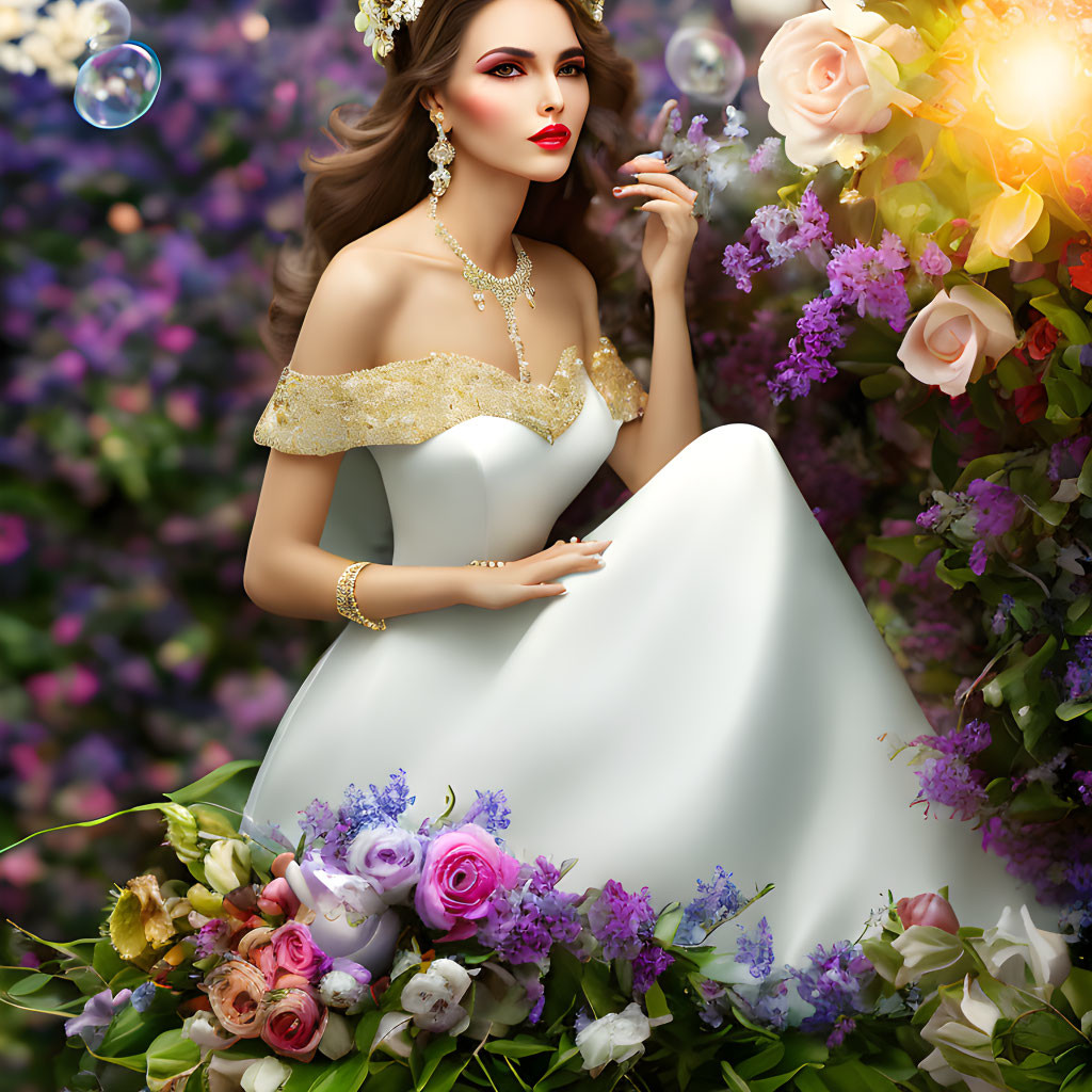 Digital Artwork: Elegant Woman in White and Gold Gown with Flowers and Bubbles
