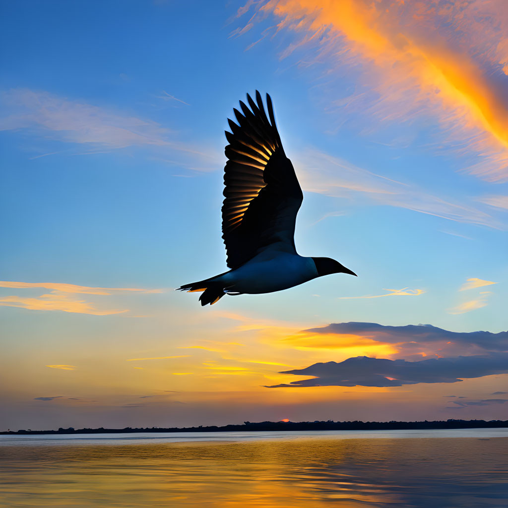 Bird Silhouetted Against Vibrant Sunset Sky and Orange Clouds