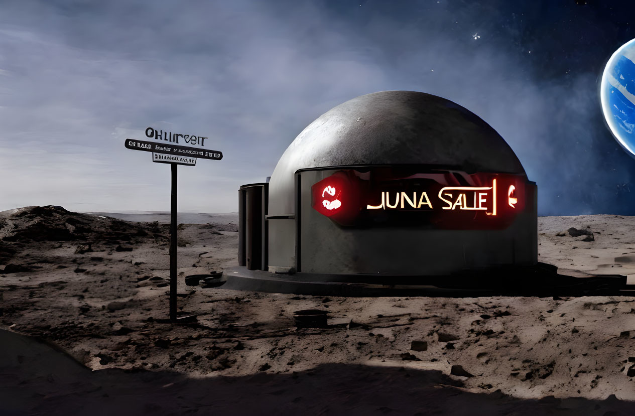 Futuristic lunar outpost with dome structure and "LUNA SALE" sign on lunar surface.