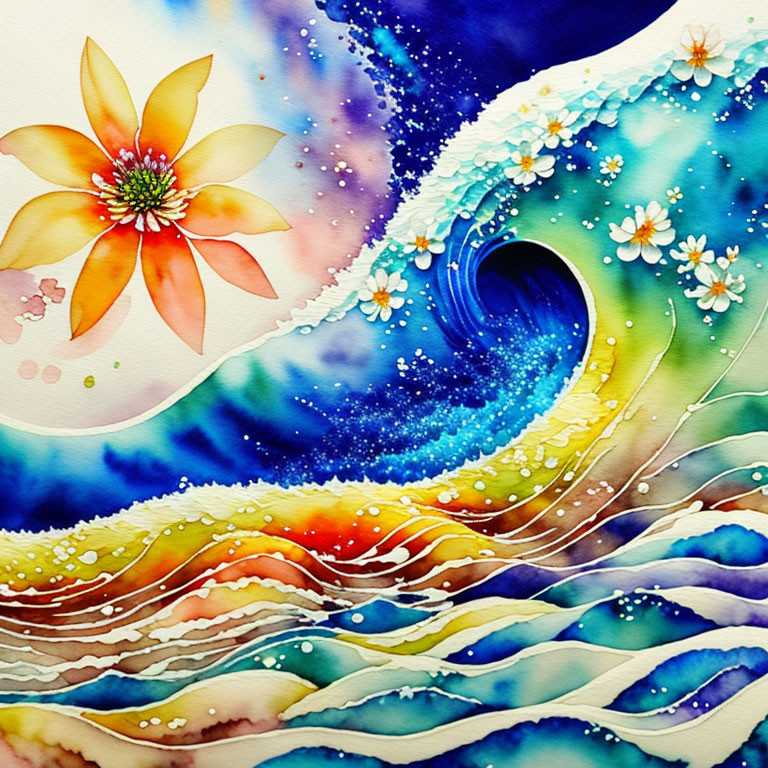 Colorful Watercolor Painting: Stylized Wave with Floral Motif