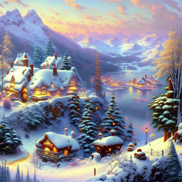 Winter village scene with frozen lake, illuminated houses, pine trees, and mountains at twilight