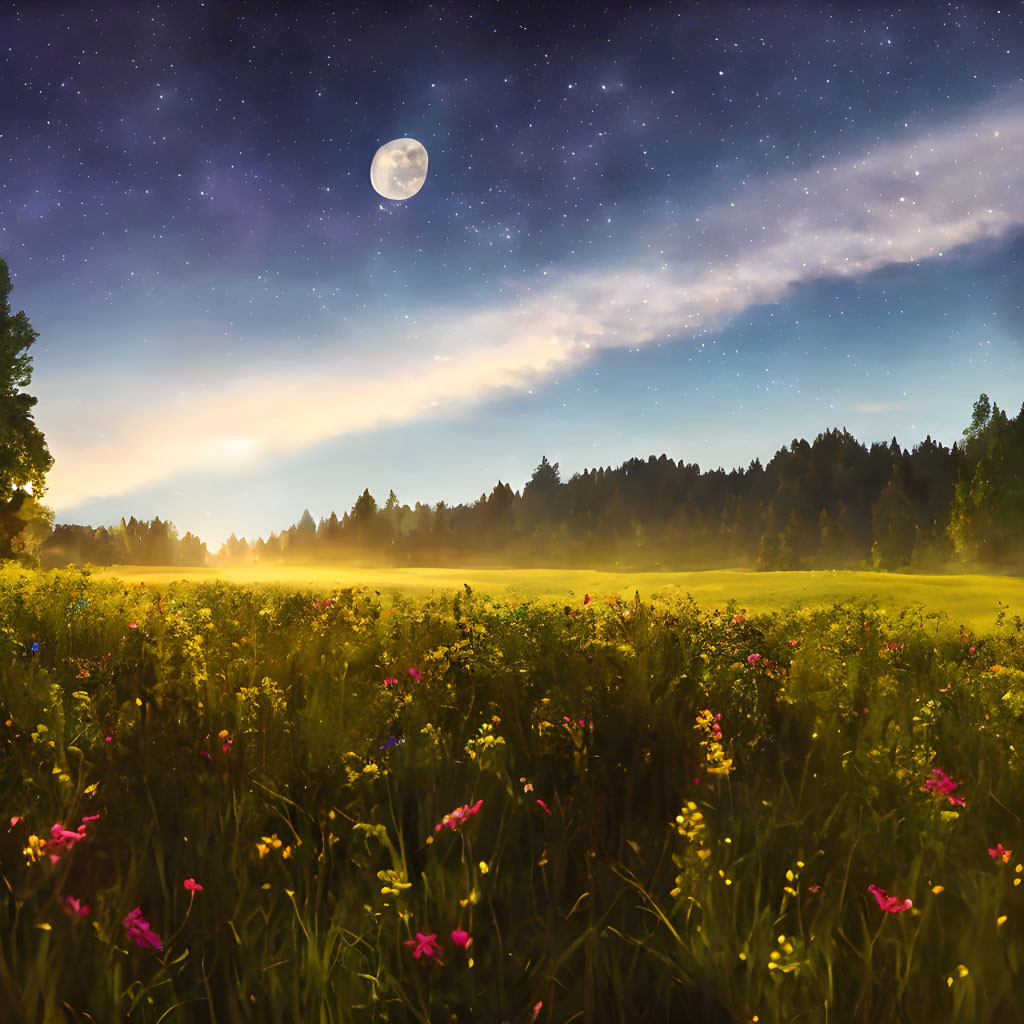 Night landscape with starry sky, moon, wildflowers field, and forest silhouette.