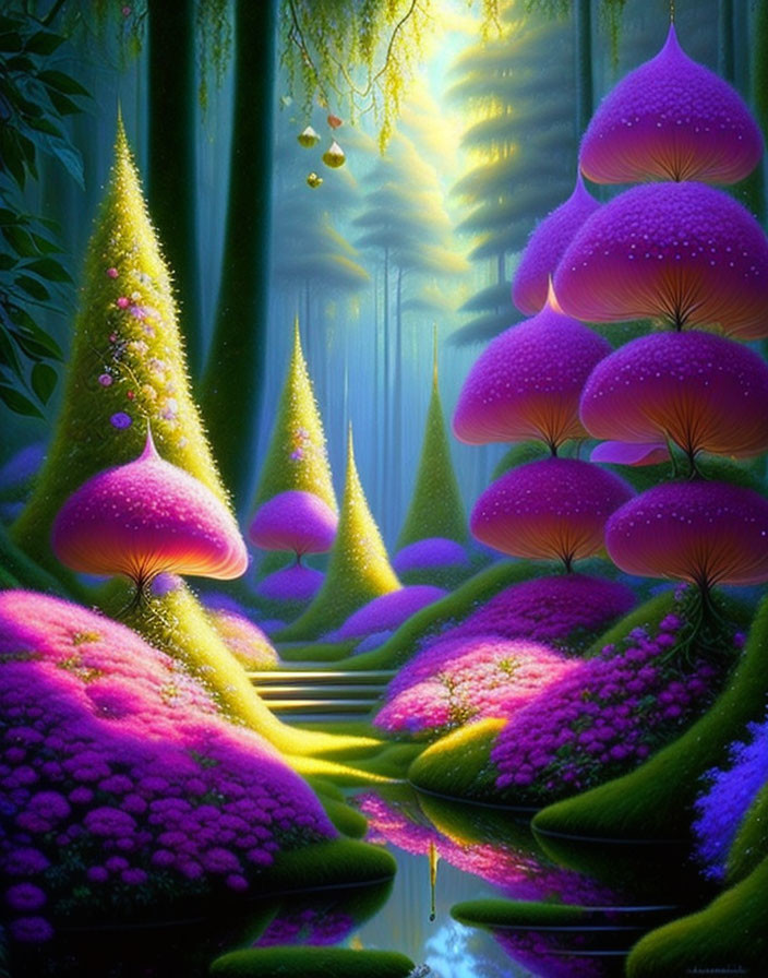 Enchanting forest with oversized pink and purple mushrooms by tranquil river