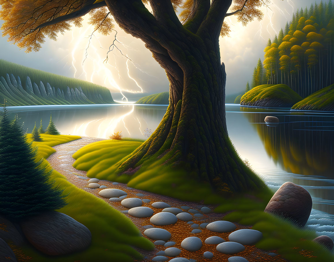 Tranquil landscape with large tree, lightning bolt, lake, forest, and sunset