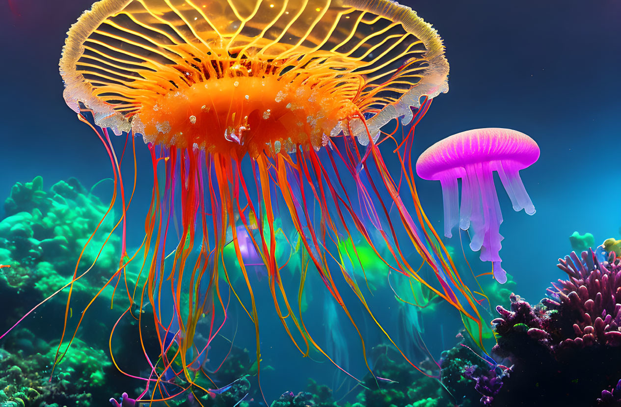 Colorful jellyfish swimming above coral reef: large orange and small purple jellyfish.