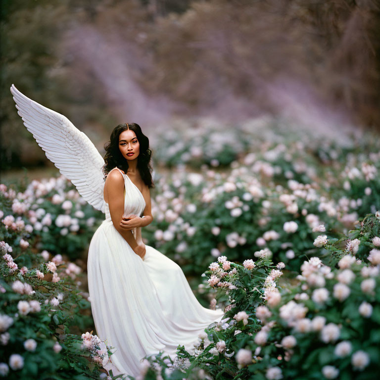 Angel-winged woman in white dress surrounded by pink and white flowers in mystical garden.