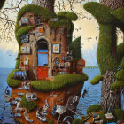 Detailed Fantasy Treehouse in Nature with Animals and Floating Islands