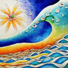 Colorful Watercolor Painting: Stylized Wave with Floral Motif