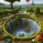 Lush green mazes, colorful flora, circular waterfalls in a fantastical garden