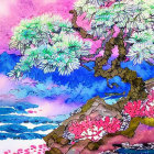 Colorful Fantasy Landscape with Pink and Turquoise Tree by Serene Lake