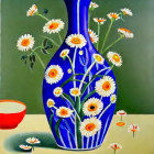 Colorful still life with blue vase, white and yellow flowers, red bowl, and green trim on