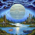 Fantasy night landscape with oversized moon, castle, river, boats, and forest.