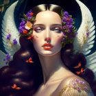 Angel-winged woman adorned with purple flower crown in serene setting