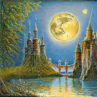 Moonlit fantasy castle beside lake with full moon and lush greenery.