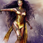 Woman in Sparkling Gold Costume and Purple Fabric, Striking Pose