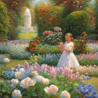 Red-haired woman in white dress surrounded by blooming roses and greenery with white statue