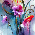 Colorful Watercolor Painting of Purple, Pink, Orange Flowers