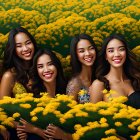 Six Women in Elegant Attire Surrounded by Yellow Flowers