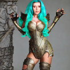 Cosplayer in vibrant blue hair and golden armor costume with props on grey backdrop