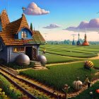 Charming countryside scene with cottage, pumpkin, fields, railway, and windmills