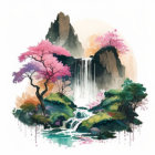 Floating island with pagodas, pink trees, waterfalls & mist.