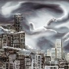 Diverse futuristic cityscape under stormy sky