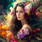 Woman with Curly Dark Hair and Flowers Surrounded by Colorful Blossoms